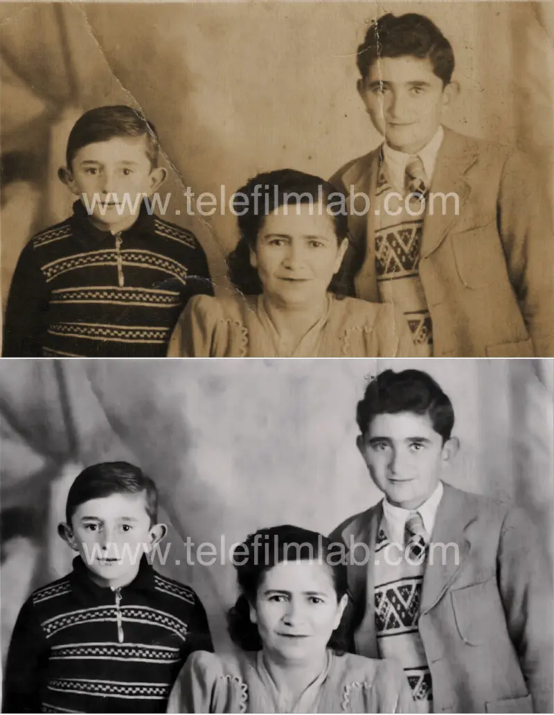 Fotografía en papel. Década de 1940. Arriba: original. Abajo: restauración.