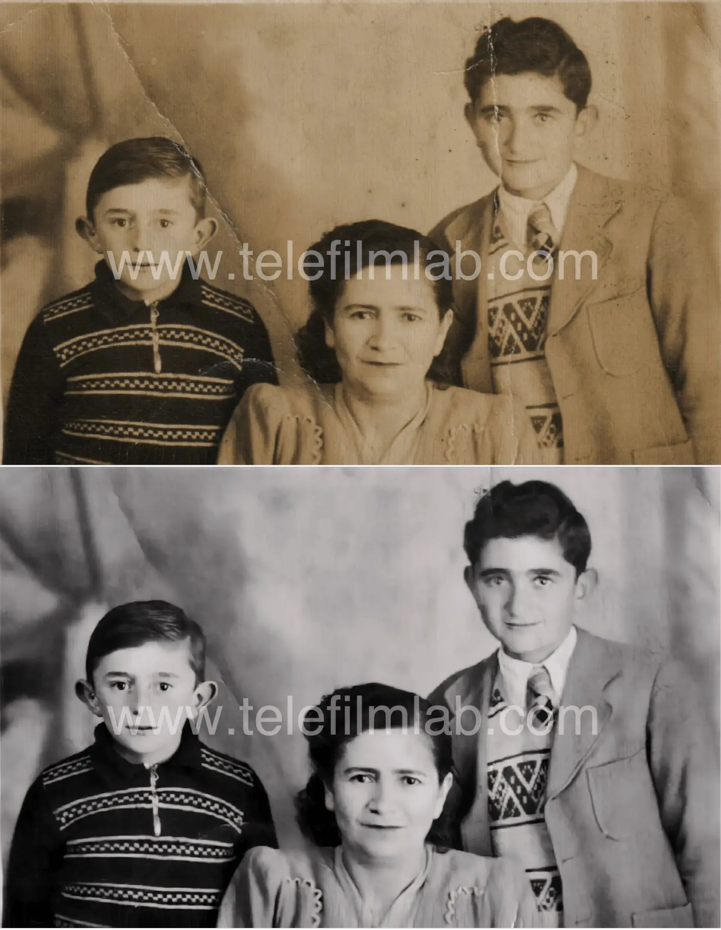 Fotografía en papel. Década de 1940. Arriba: original. Abajo: restauración.